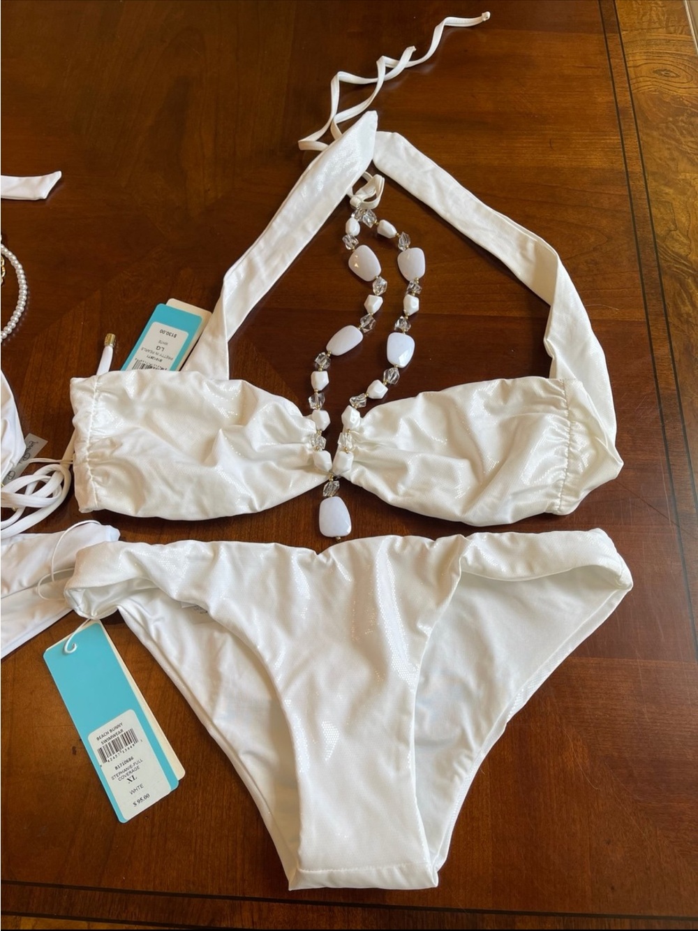 NWOT large top, XL bottoms halter white beaded bikini mermaid bikini - Picture 4 of 8
